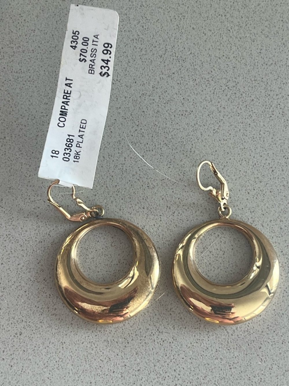18K Plated Gold Tone Hoop Drop Earrings - Bronze Italy